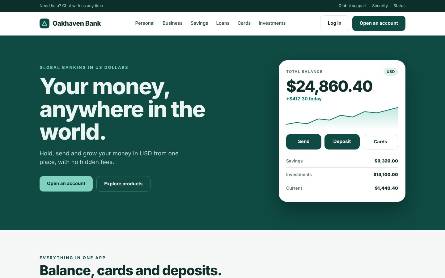 Oakhaven Bank website homepage